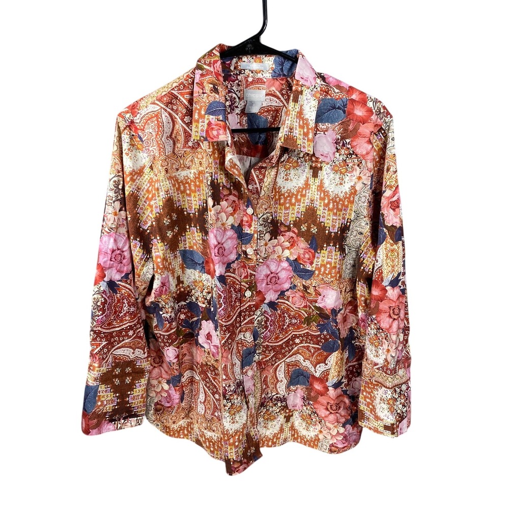 Chico's Shirt Blouse Womens 3 Size 16 No-Iron Chic Stretch Pink Patchwork Floral